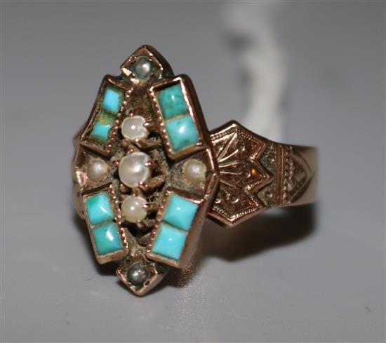 19th century gold, turquoise and seed pearl ring